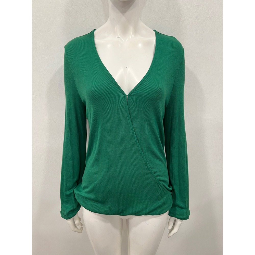 INC Top Womens Medium Green New Ribbed Faux Wrap Long Sleeve V-Neck Blouse